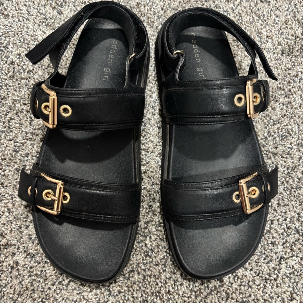 Madden Girl Black Sandals with Gold Buckles